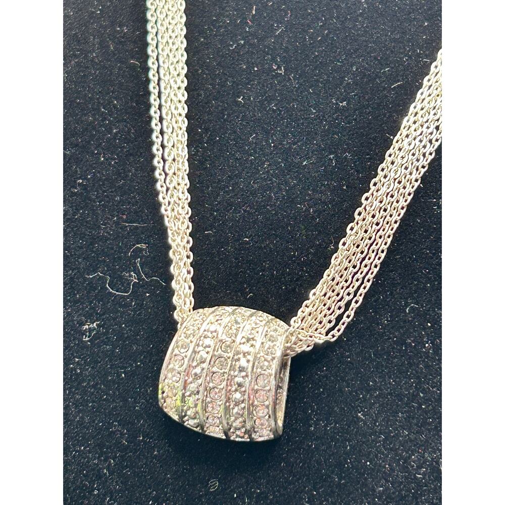 Glam Silver Tone Multi Strand Chain Necklace LRG Crystal Encrusted Slide Pendant